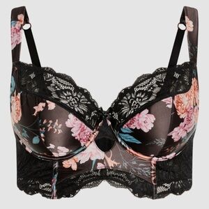City Chic Vivienne Contour Longline Bra Black Floral Print 36DD Q2